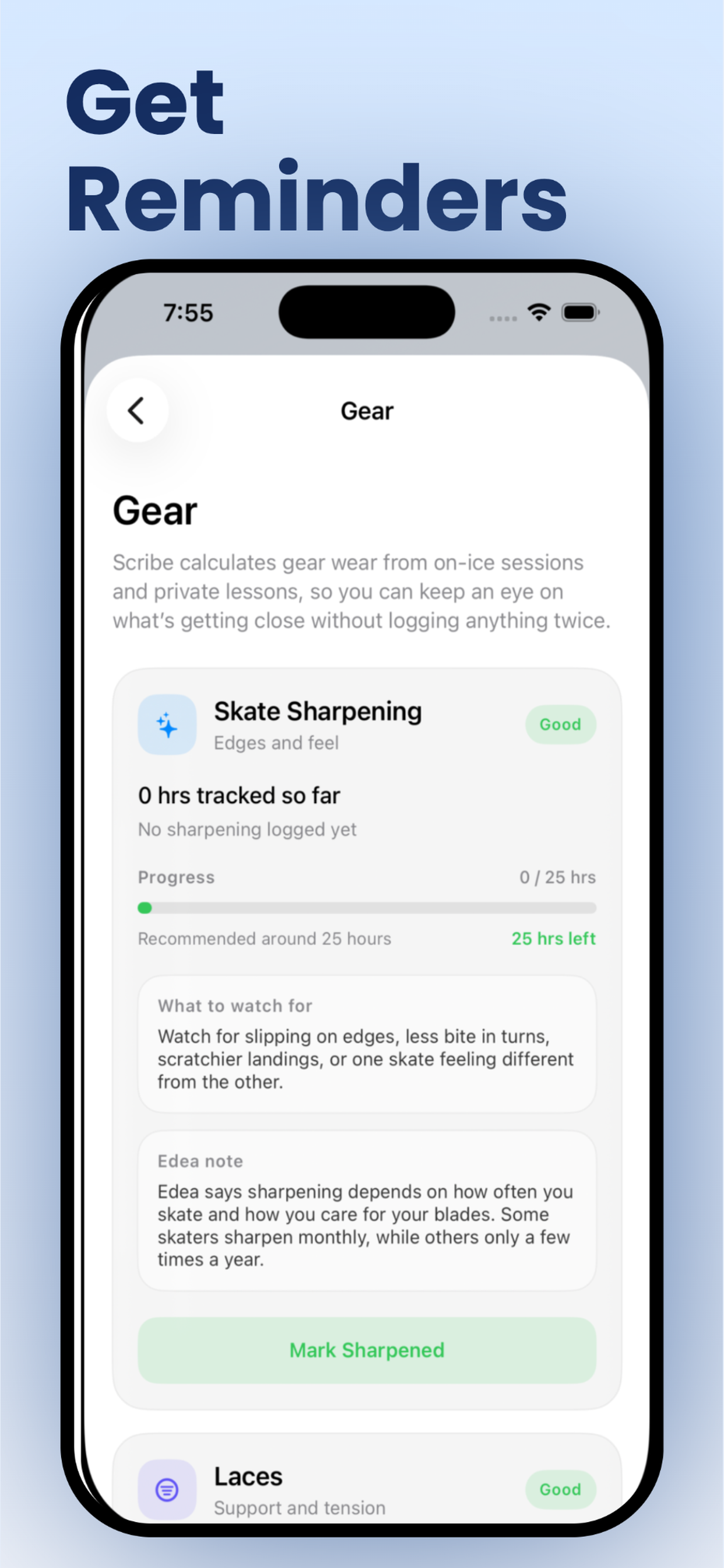 Track skating gear and reminders in Scribe