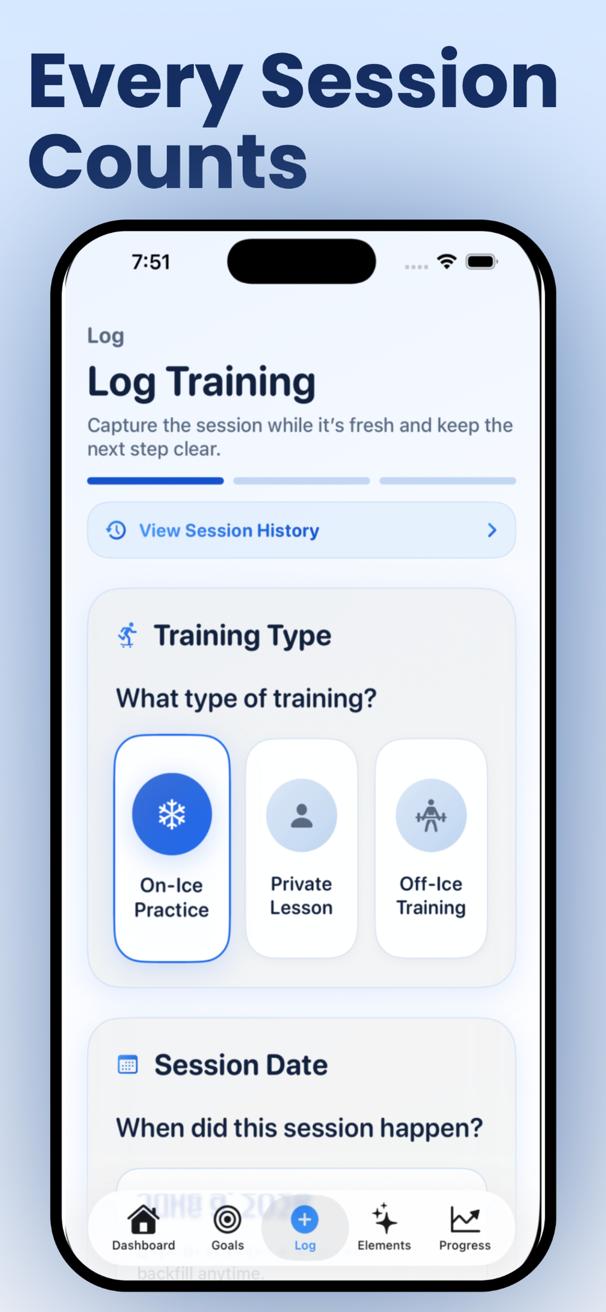 Scribe Skate figure skating practice logging screen